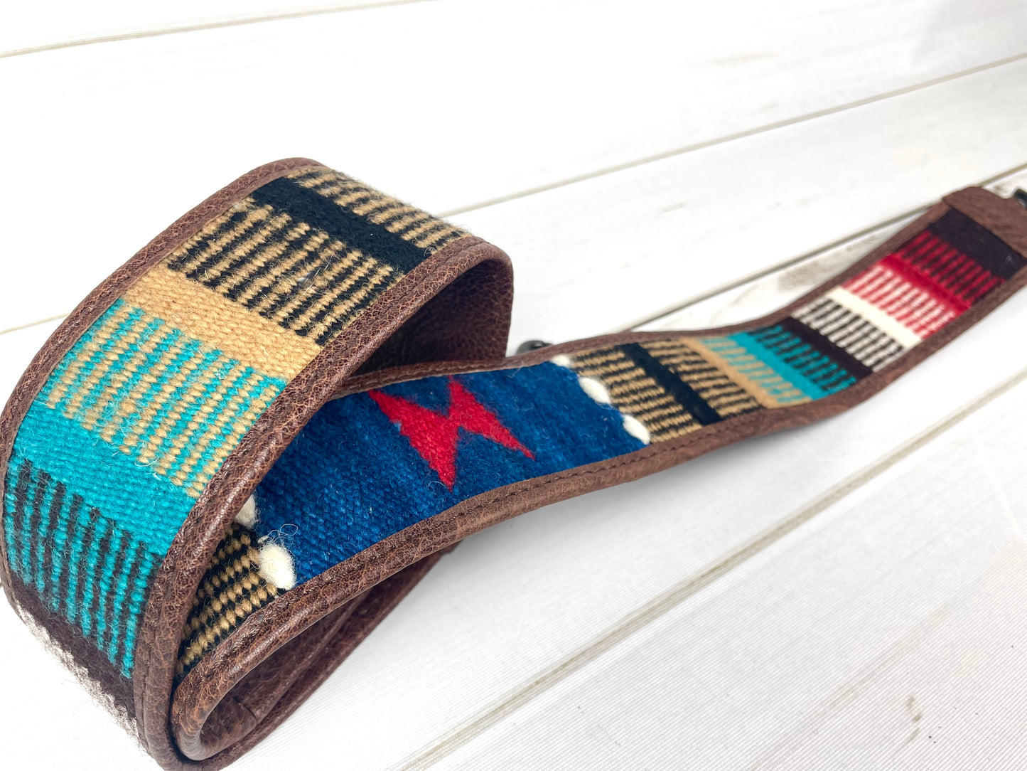 Sale!! Blue Red Multi Color Wool Pattern Over Leather Crossbody Handbag Strap