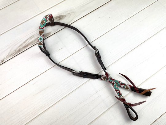 Mint Bronze Beaded One Ear Leather Headstall