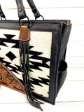Black and Cream Wool with Tooled Leather Swatch Large Tote Bag