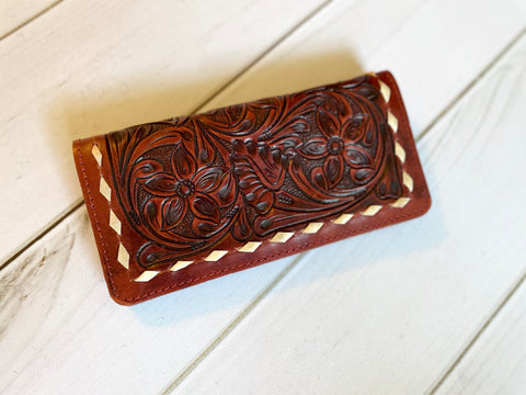 Medium / Red Leather Tooled Buckstitch Wallet