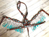Turquoise and White Cross Stitch Leather Ombre Fringe Tack Set