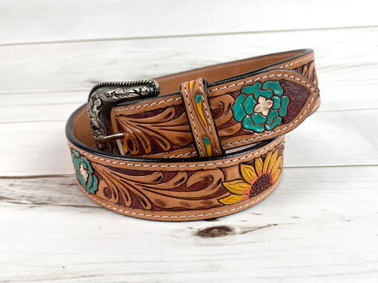 Sunflower & Blue Wild Flower Leather Woman’s Belt