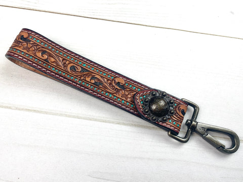 Teal Dotted Border Tooled Wristlet Leather Keychain
