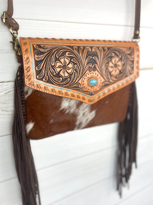 Leather Scroll Tooled & Hide Envelope Bag with Teal Stone