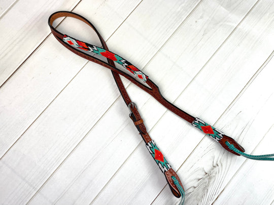 Coral and Turquoise Beaded Split Ear Leather Headstall