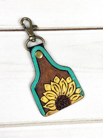 Teal Border Sunflower Leather Key Tag