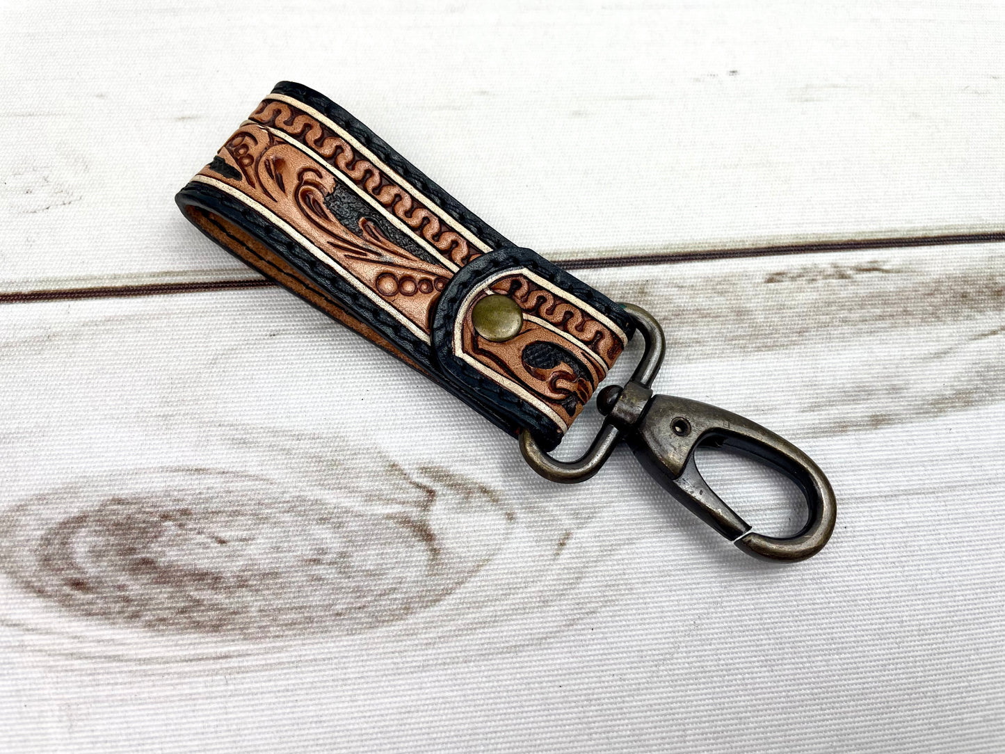 Tooled Leather Tab Key Fob