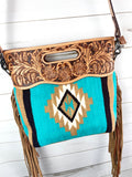 Turquoise and Tan Wool Leather Open Handle Fringe Bag