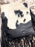 Black and White Raw Hide Flap on Black Leather with Fringe Crossbody Bag