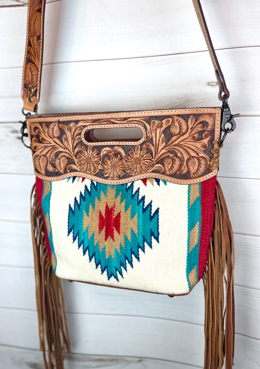 Turquoise Red Tan Diamond Wool Leather Handle Fringe Bag