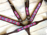 Fuchsia Pink and Blue Beaded Tack Set on Chocolate Leather