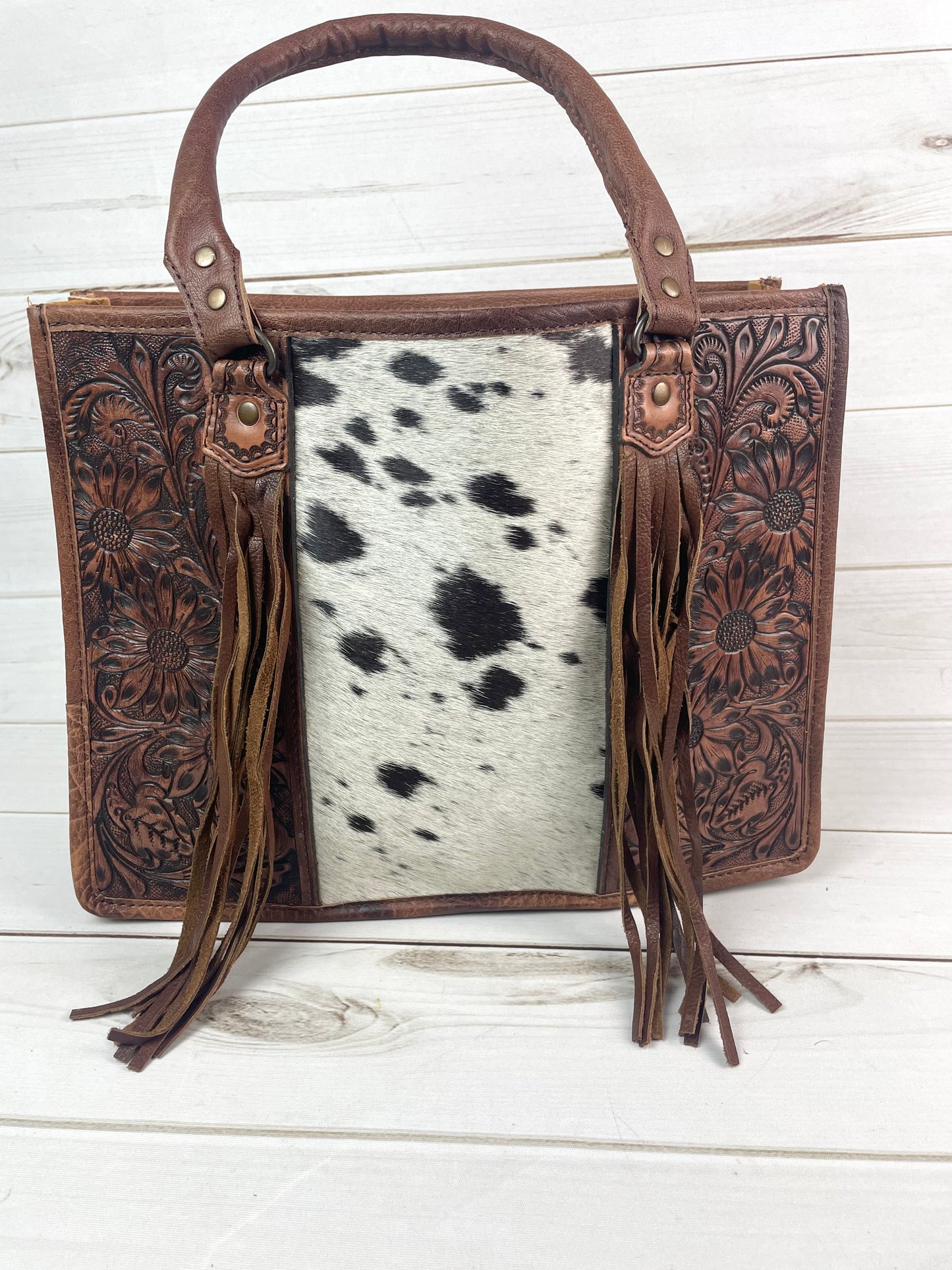 Prescott Black Grey Hide Tote with Leather Tooled Sunflowers