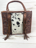 Prescott Black & White Hide Tote with Leather Tooled Sunflowers