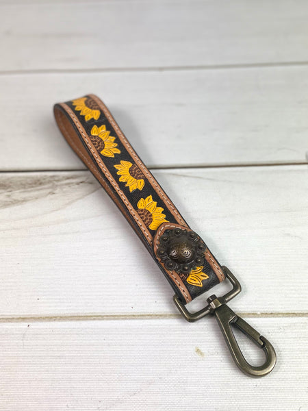 Black Background Sunflowers Tooled Wristlet Leather Keychain