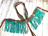Steer Skull Cactus Painted Set with Turquoise/ Teal Fringe