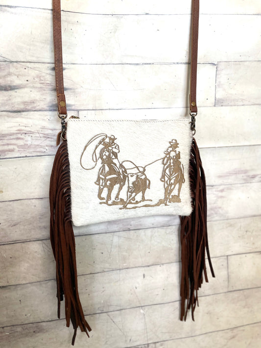 Team Roper Branded Hide Medium Size Leather Fringe Handbag