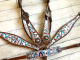 Teal and Brown Aztec Pattern Wither Strap with Conchos