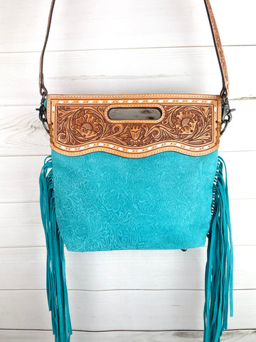 CLEARANCE! Turquoise Suede Brocade & Leather Western Crossbody Bag