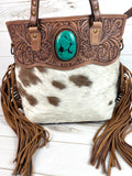 SALE! Turquoise Inset Hide Tooled Top Fringe Tote