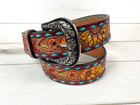 Turquoise Buckstitch Floral Tooled Leather Belt
