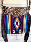 Purple Teal Wool Diamond Pattern Fringe Handbag
