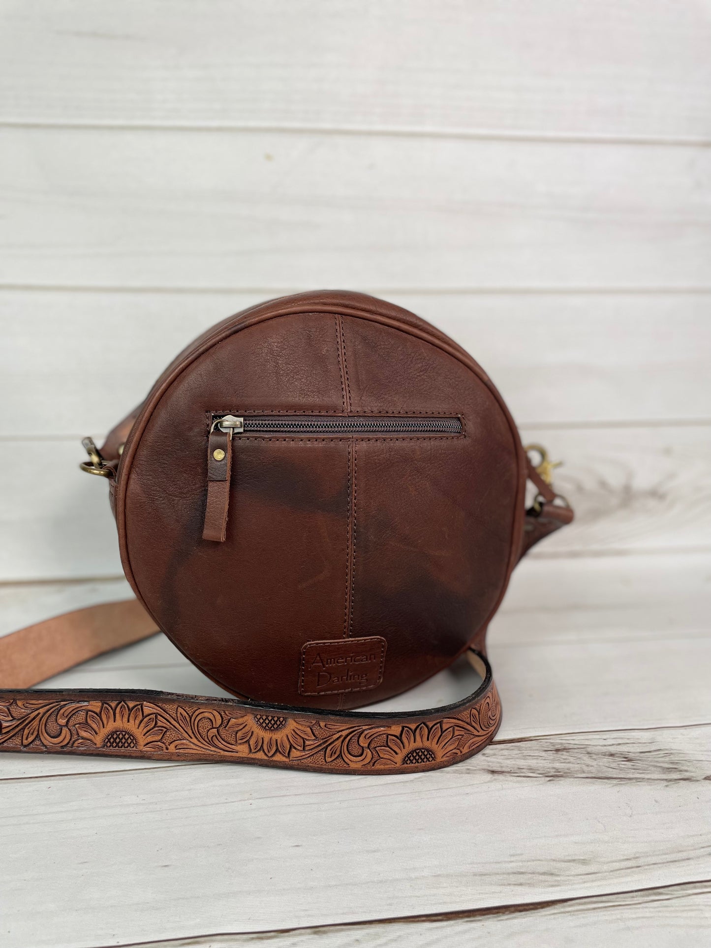 Cactus Sunflower Leather Tooled & Painted Buckstitch Round Canteen Crossbody Bag
