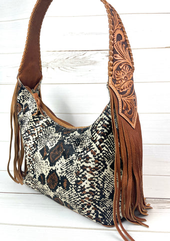Brown and Cream Snake Pattern on Hide Hobo Fringe Handbag