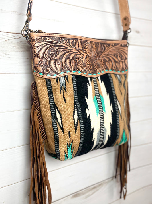 Campo Tan & Mint Turquoise Wool Woven Crossbody Handbag