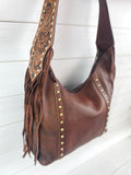 Brown Leather Studded Hobo Fringe Tooled Handbag