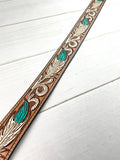 Turquoise & White Feather Tooled Leather Woman’s Belt