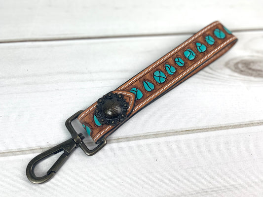 Turquoise Tooled Wristlet Leather Keychain