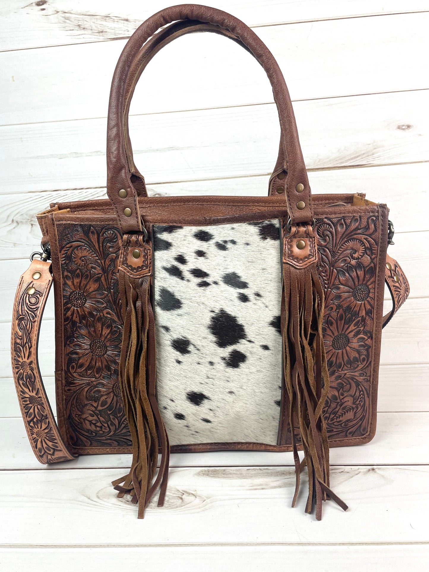 Prescott Black Grey Hide Tote with Leather Tooled Sunflowers