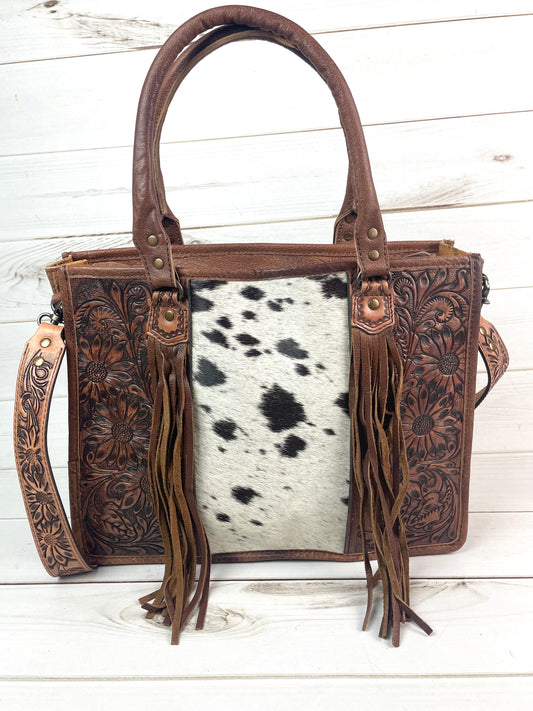 Prescott Black Grey Hide Tote with Leather Tooled Sunflowers
