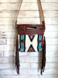 Teal Red Grey Pattern Wool Cherry Leather Fringe Bag