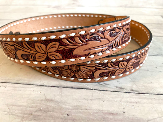 Medium / Light Leather Tooled Handbag Strap with White Buckstitch