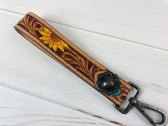 Sunflower Turquoise Flower Tooled Wristlet Leather Keychain