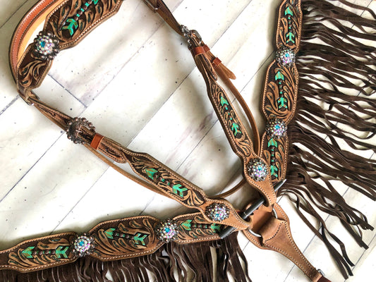 Tooled Mint Arrow Tack with Chocolate Fringe