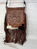Country Hide & Floral Tooled, Fringe Chocolate Leather Bag