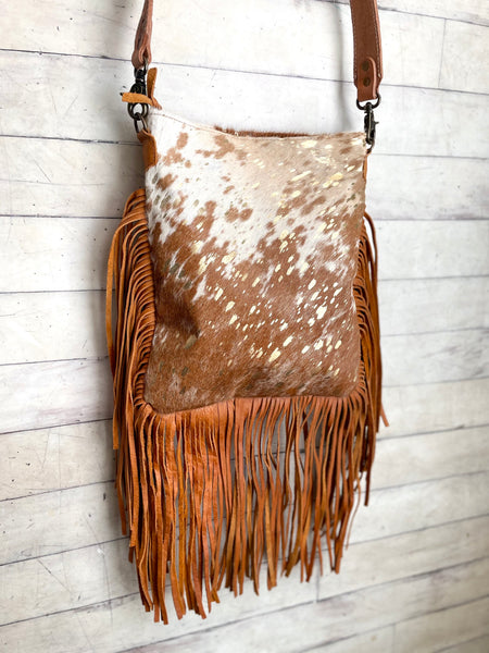 SALE! Tan Cowhide Crossbody Bag with Gold Splatter & Tan Fringe