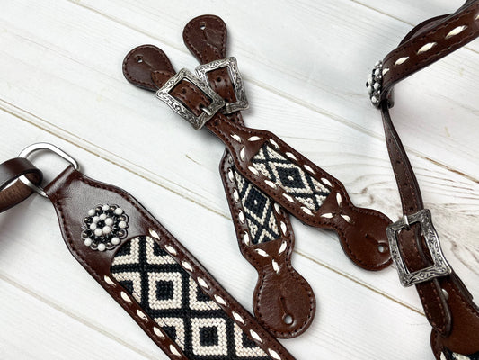 Black & White Woven Inset - White Buckstitch Spur Straps