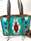 CLEARANCE! Turquoise Wool & Leather Western Style Large Tote