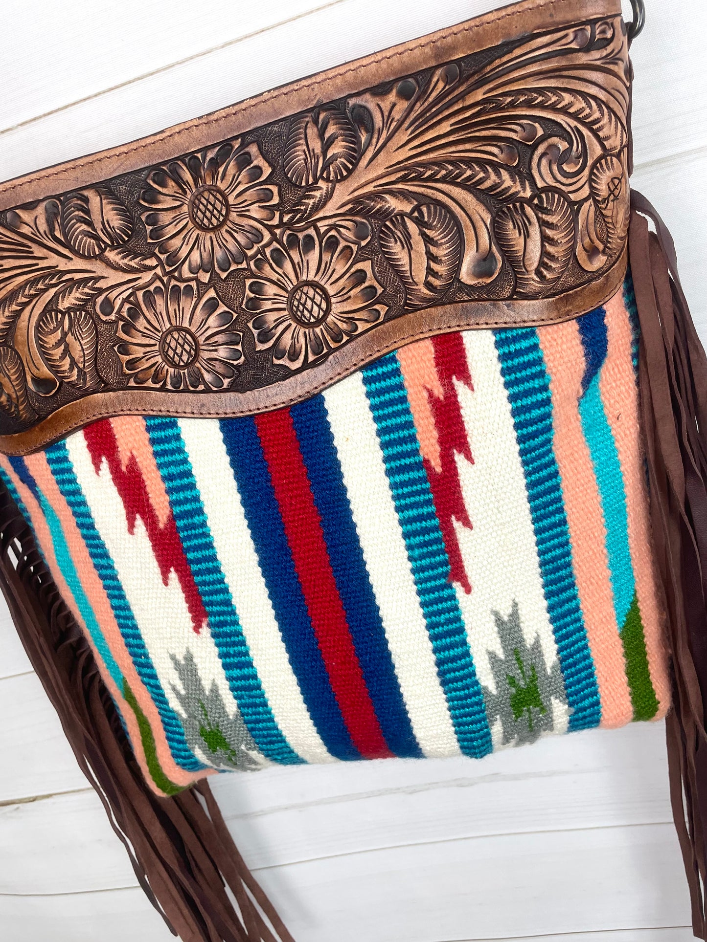 SALE! Peach Teal Serape Pattern Wool Leather Handbag