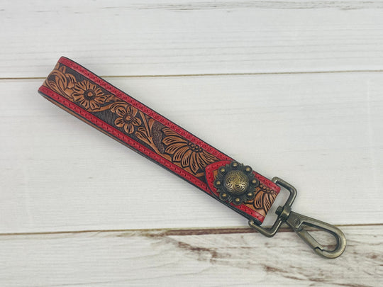 Red Border Floral Tooled Wristlet Leather Key Fob