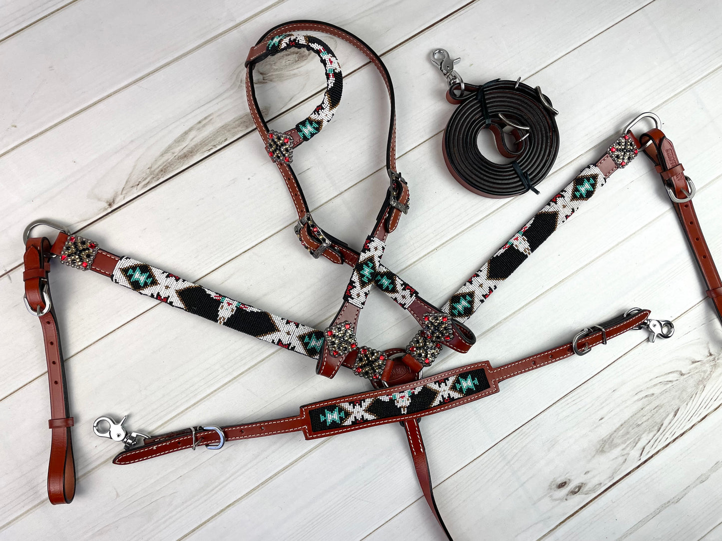 Black Beaded Steer (Bull) Skull Leather Tack Set