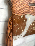 SALE! Tan Hide Gold Fleck Tooled Handle Fringe / Crossbody Handbag