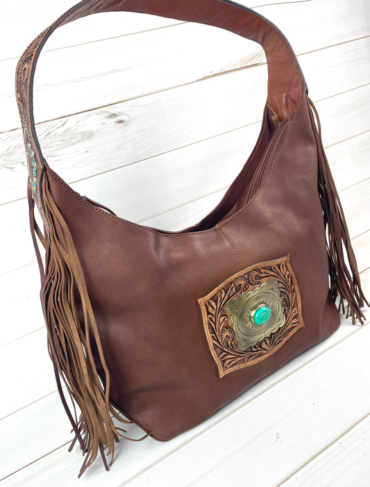 Dark Leather Turquoise Accent Tooled Fringe Hobo Handbag