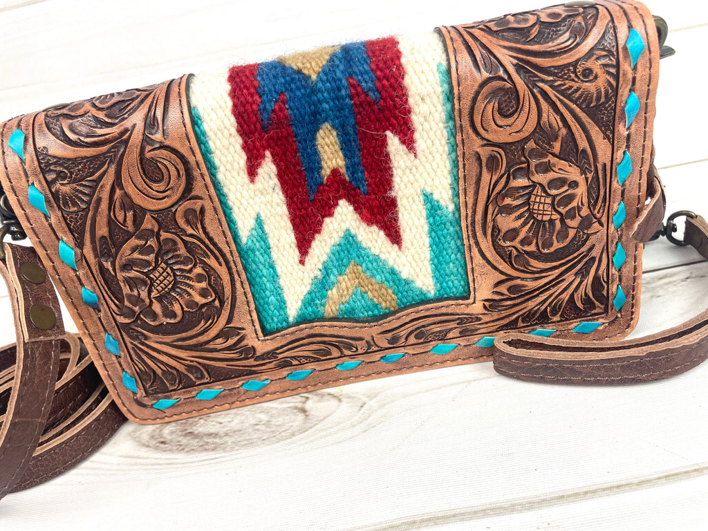 Turquoise Red Diamond Tooled Leather Wool Inset Carryall Wallet