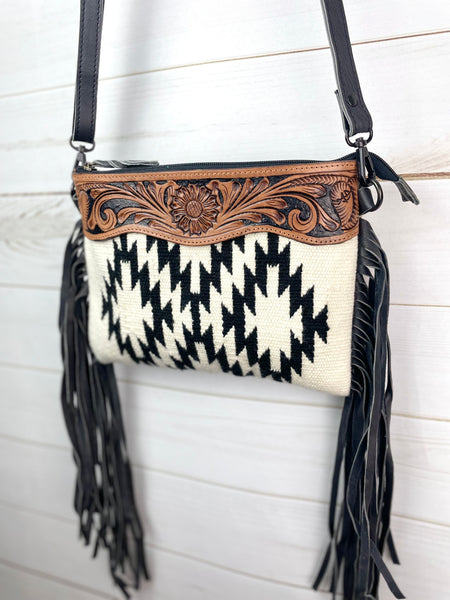 Black & Cream Wool Pattern with Leather Tooled Top and Side Fringe