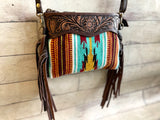 Turquoise and Rust Wool Pattern Fringe Bag
