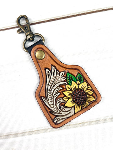 Neutral Sunflower Leather Key Tag